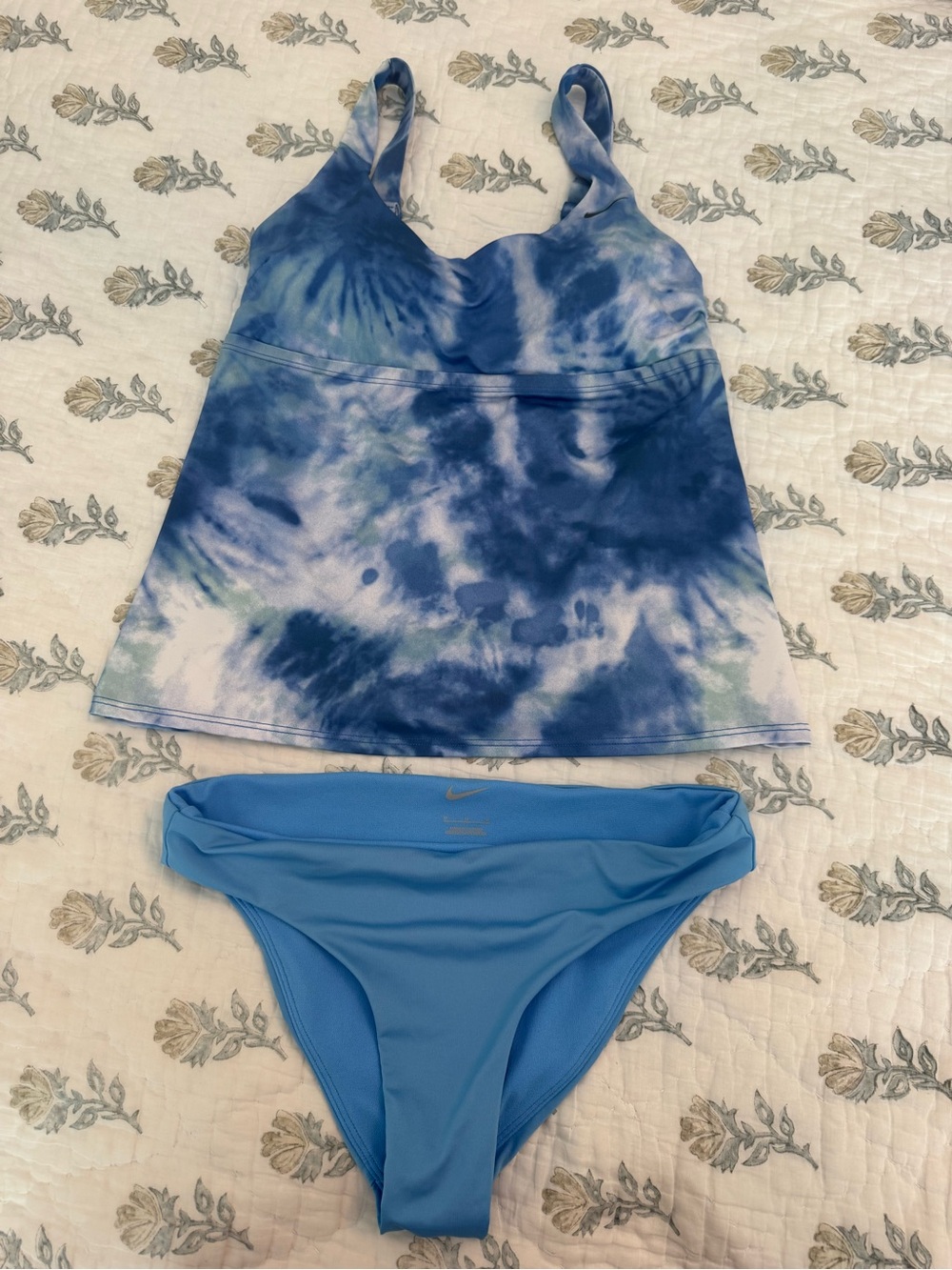 Nike Blue Tie-Dye Tankini with Solid Light Blue Bikini Bottom